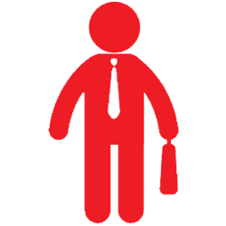 Red icon of a man wearing a tie holding a briefcase. 