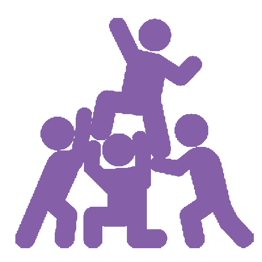 Purple icon of four stick men helping each other. 