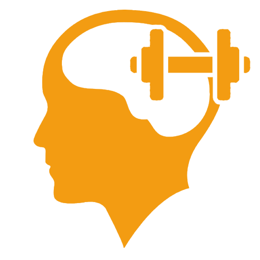 Yellow icon of a profile of a head with a silhouette of weights. 