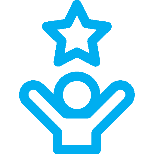 Blue icon of a person with their arms in the air and a star above them. 