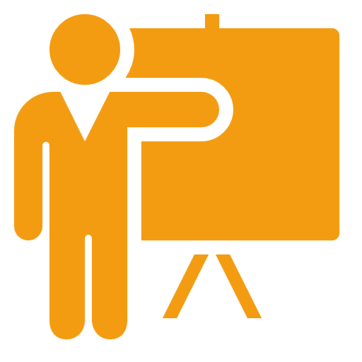 Yellow icon of a stick figure in front of a white board. 