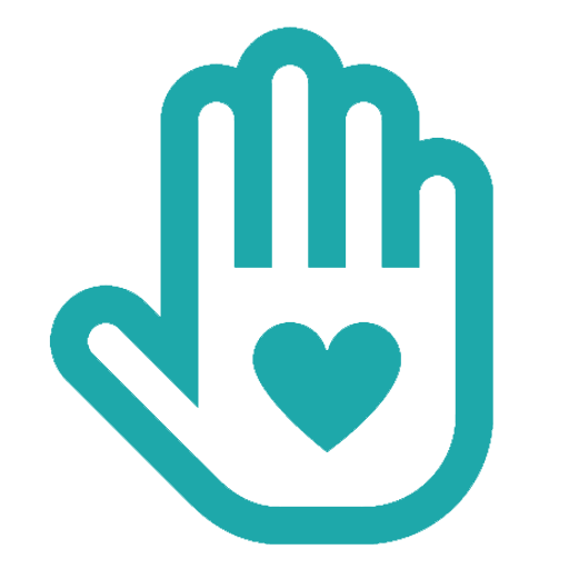 Green icon of a hand with a heart in the centre. 