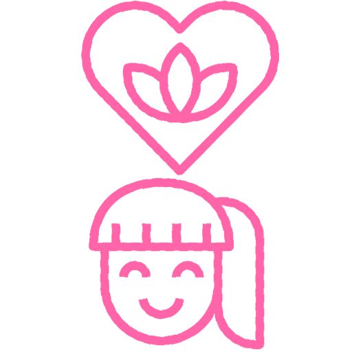 Pink icon of a smiling face with a heart shape above their head. 