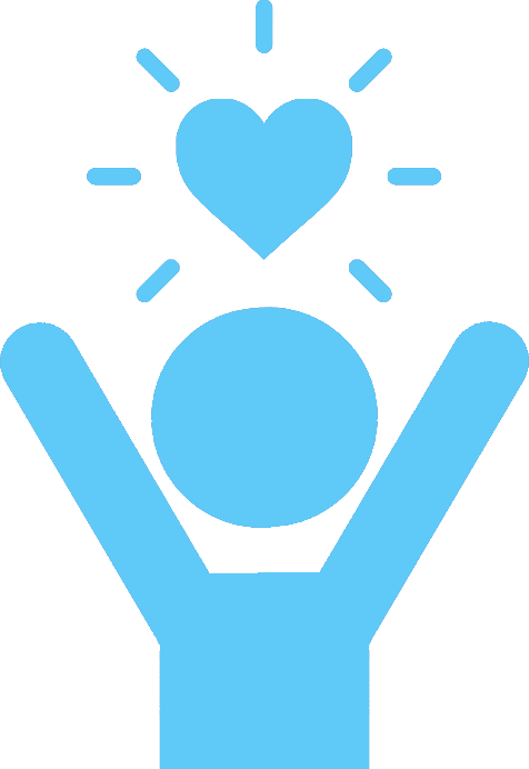 Blue icon of a simple shape of a person holding a glowing heart above their head