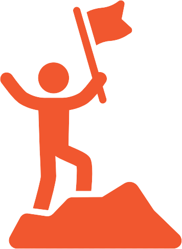 Orange icon of a stick man climbing a mountain holding a flag