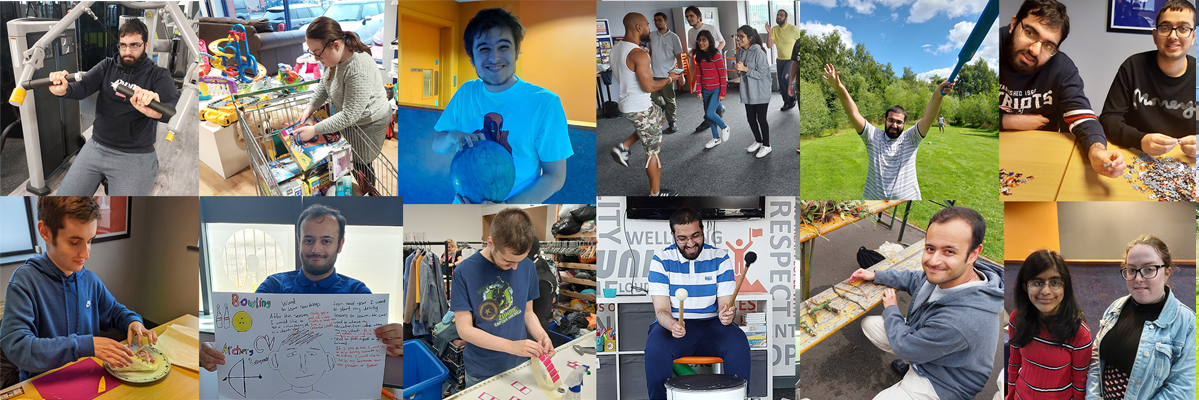Collage of various photos featuring young people partaking in different activities including cooking, exercise, crafts and more.