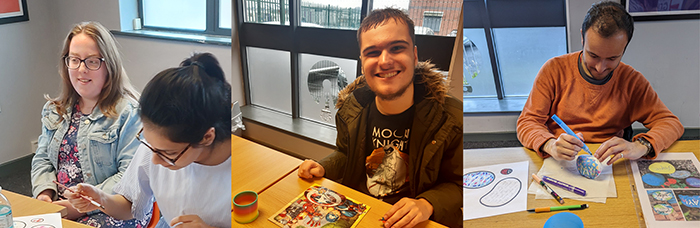 Three photos of 4 young people sat at tables doing various paper-based activities. 