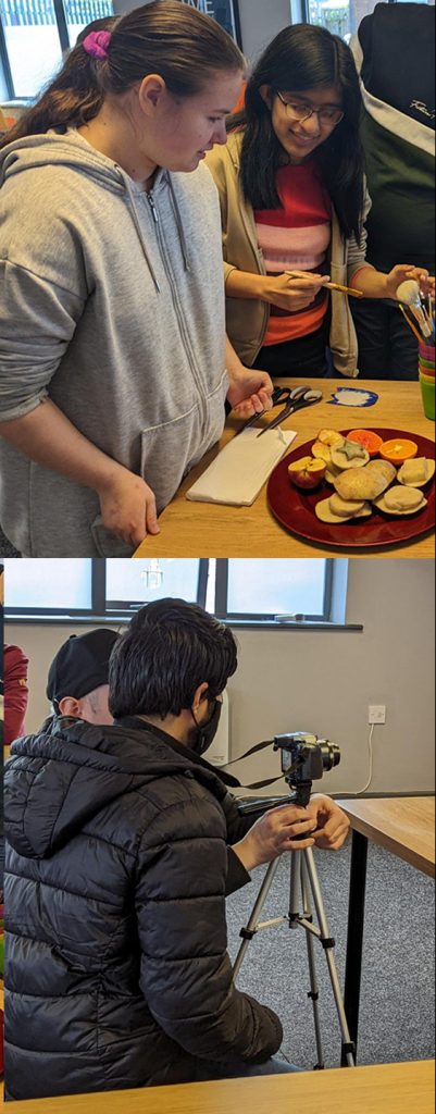 3 photos of young people, the first two girls are cooking, the second a young man is using a digital camera and the last shows a smiling person who is painting.