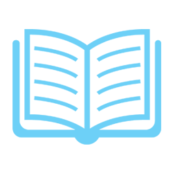 Pale blue icon of an open book. 